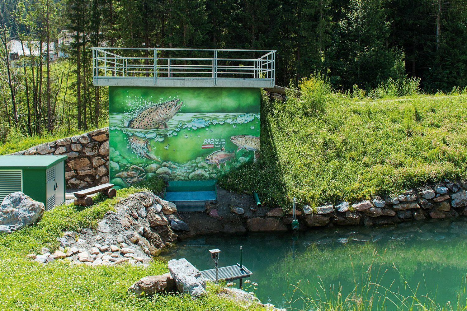 Wasserkraftwerk mit Relief von Forelle, davor Speicherteich
